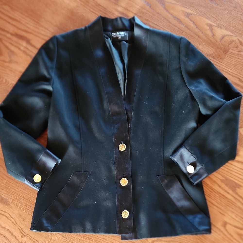 CHANEL Black Women's Blazer Vintage Silk Blend